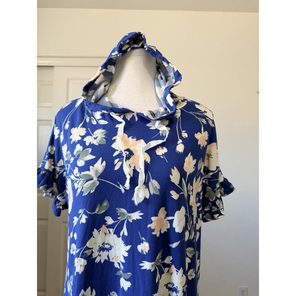 Ninexis Women's Floral Hoodie Top M Blue Ruffle Hem Short Sleeve Boho - Picture 7 of 15